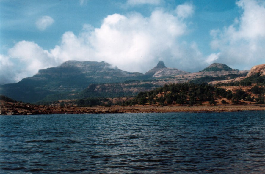 Ratangad and Khutta pinnacle as seen from the launch in the Bhandardara lake